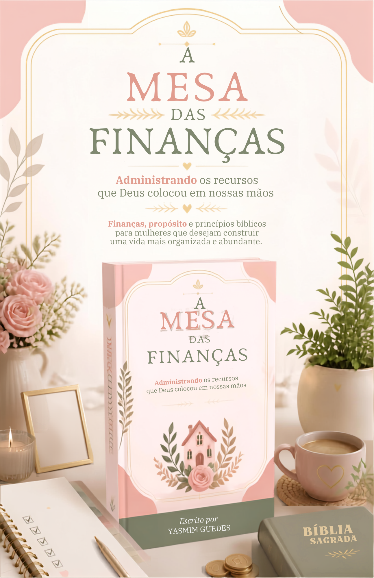 Capa do e-book A Mesa das Finanças sobre mesa com flores, vela e Bíblia