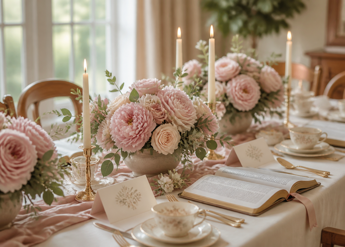 Mesa posta com linho, flores, velas e Bíblias abertas em um encontro de mulheres