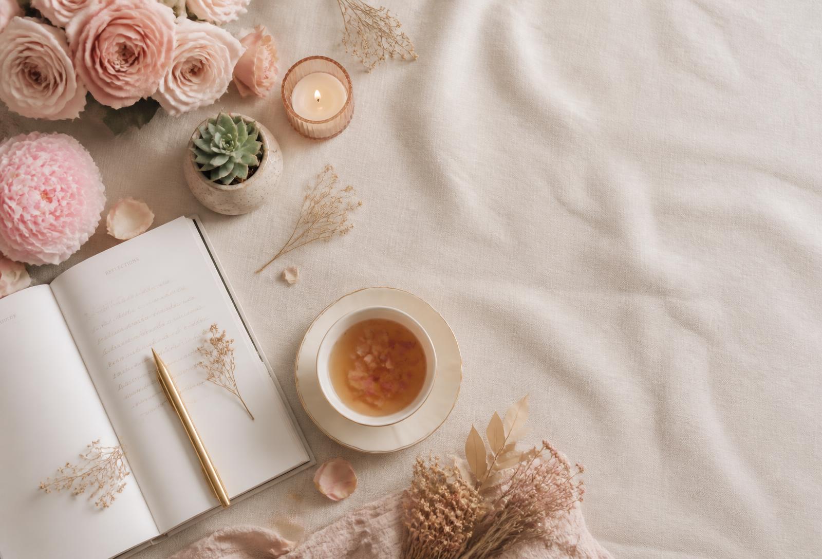 Rosas, velas, journal e chá sobre linho creme em arranjo editorial delicado