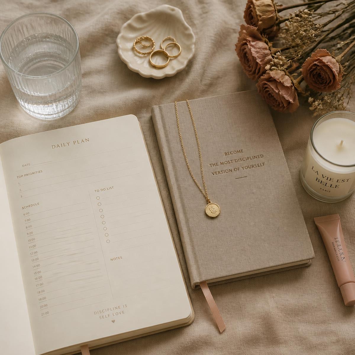 Planner aberto, caderno bege, joias douradas e rosas secas sobre linho