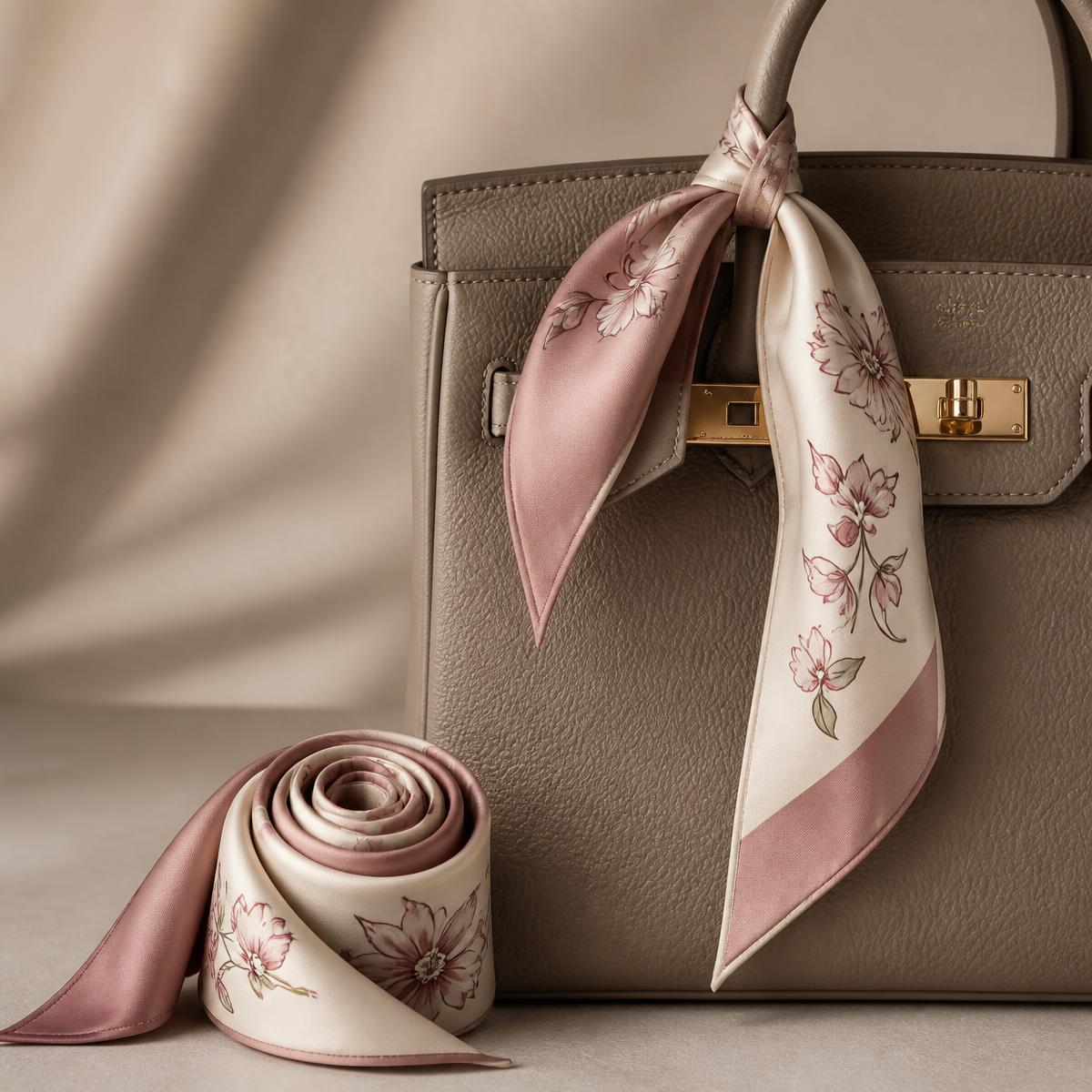 Lenço de seda twilly rosé com estampa floral amarrado na alça de uma bolsa